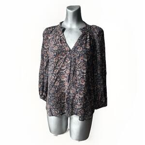 Faherty V Neck Blouse Shirt Floral Portia Top Small 3/4 Sleeves Boho Casual